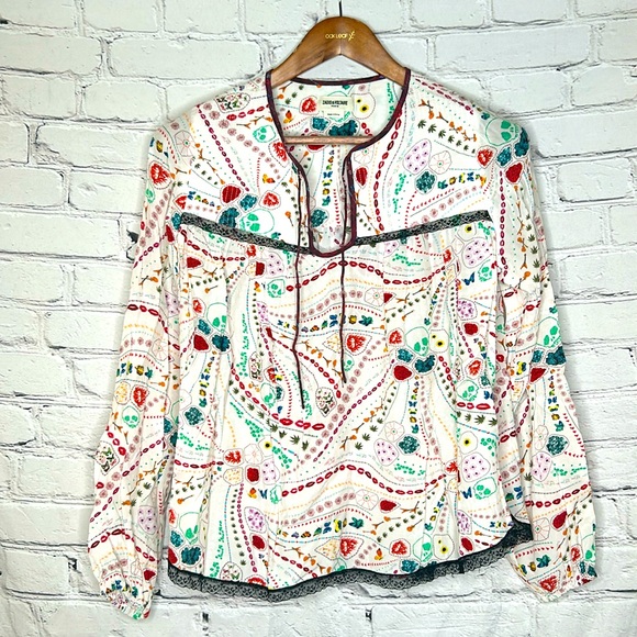 Zadig & Voltaire Paris Cream Paisley Black Lace Long Sleeve Blouse Size X-Small - Picture 1 of 14